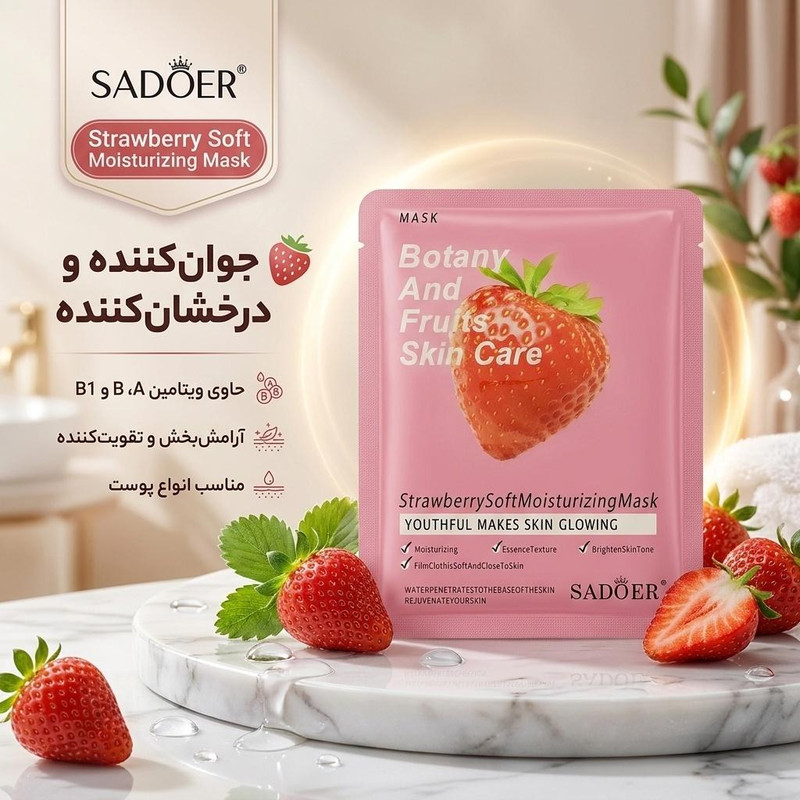 ماسک صورت سادور مدل Strawberry حجم 25 میلیلیتر، آرامشبخش، تقویتکننده، جوانکننده، درخشانکننده، حاوی ویتامین A، B و B1، مناسب انواع پوست