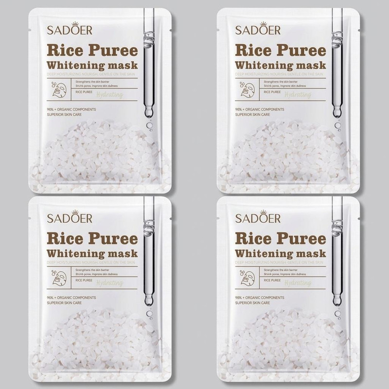 ماسک ورقه‌ای صورت سادور مدل Rice Puree آبرسان، درخشان کننده، کوچک کننده منافذ باز پوست، جوان کننده، لایه‌بردار، روشن کننده، ضد چروک، محکم کننده، نرم‌کننده، مغذی، مرطوب‌کننده، محافظت‌کننده بدون الکل، حاوی ویتامین E و B6، مناسب انواع پوست بسته 4 عددی