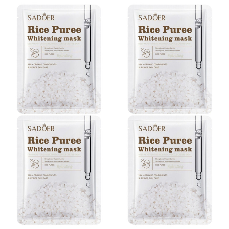 ماسک ورقهای صورت سادور مدل Rice Puree آبرسان، درخشان کننده، کوچک کننده منافذ باز پوست، جوان کننده، لایهبردار، روشن کننده، ضد چروک، محکم کننده، نرمکننده، مغذی، مرطوبکننده، محافظتکننده بدون الکل، حاوی ویتامین E و B6، مناسب انواع پوست بسته 4 عددی