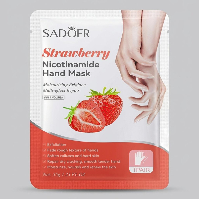 ماسک ورقهای دست سادور مدل توت فرنگی، آبرسان، ضد چروک، ترمیمکننده، نرمکننده، مرطوبکننده، حاوی ویتامین E، مناسب انواع پوست و استفاده روزانه