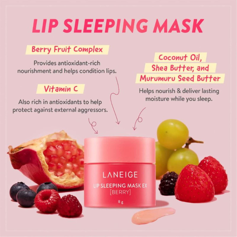 ماسک لب شب آبرسان و مرطوبکننده لانیژ مدل EX با هیالورونیک اسید، نرمکننده و ترمیمکننده، مناسب انواع پوست، مجموعه 4 عددی 8 گرم رنگی